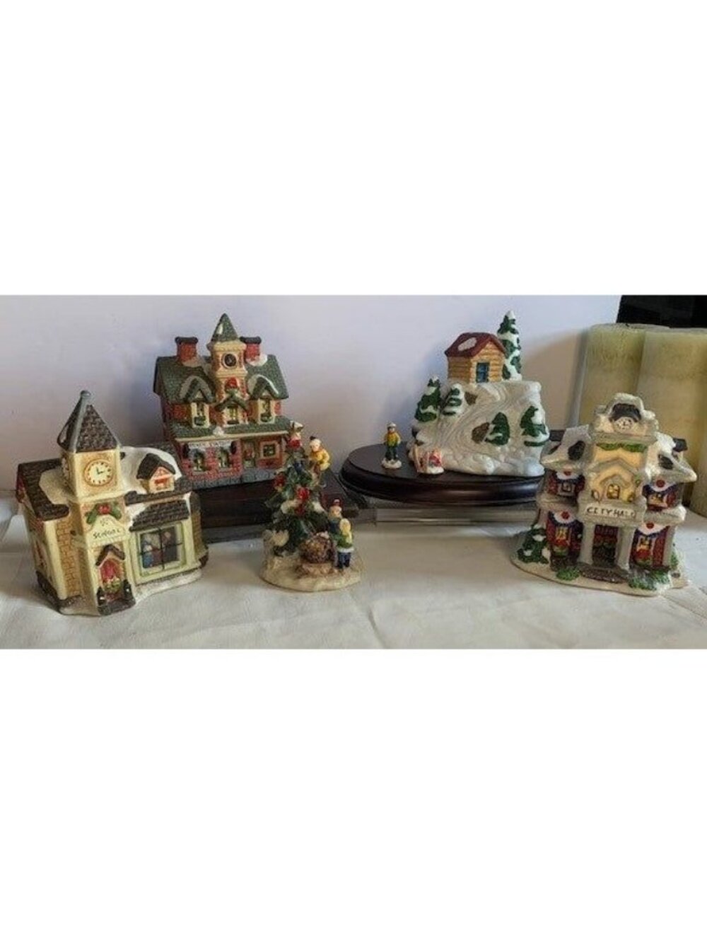 Cobblestone Corners Christmas Village Set School Train Station & Tree Figurines